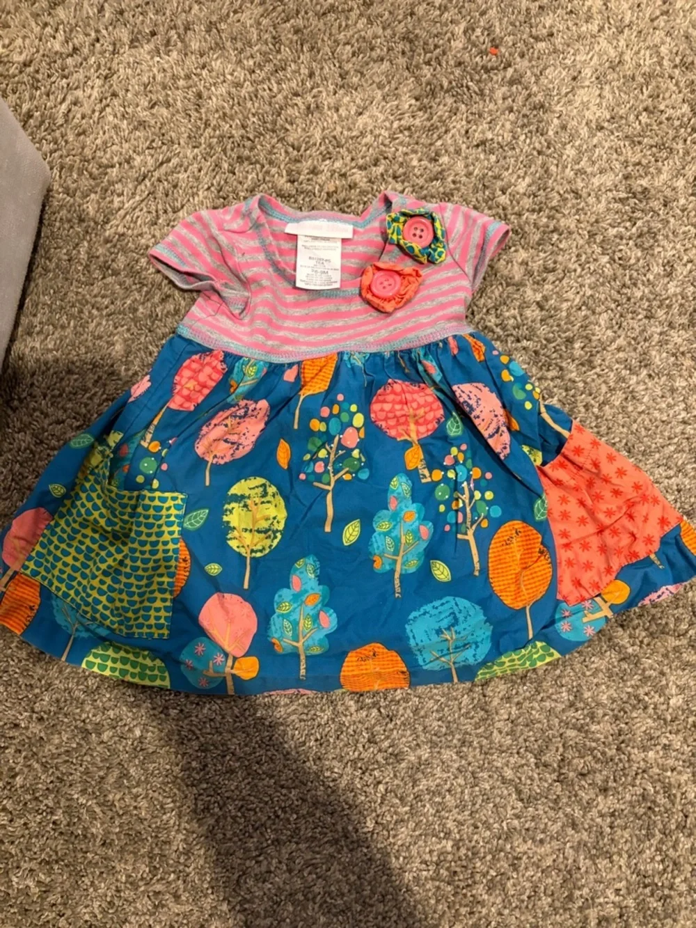 Bonnie Baby Pink Striped Top with Blue Tree-Print Skirt Dress